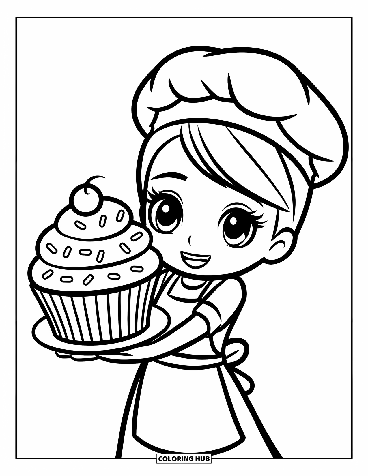 Labor Day Coloring Page for Kids: A baker with apron and hat holding a giant cupcake with sprinkles