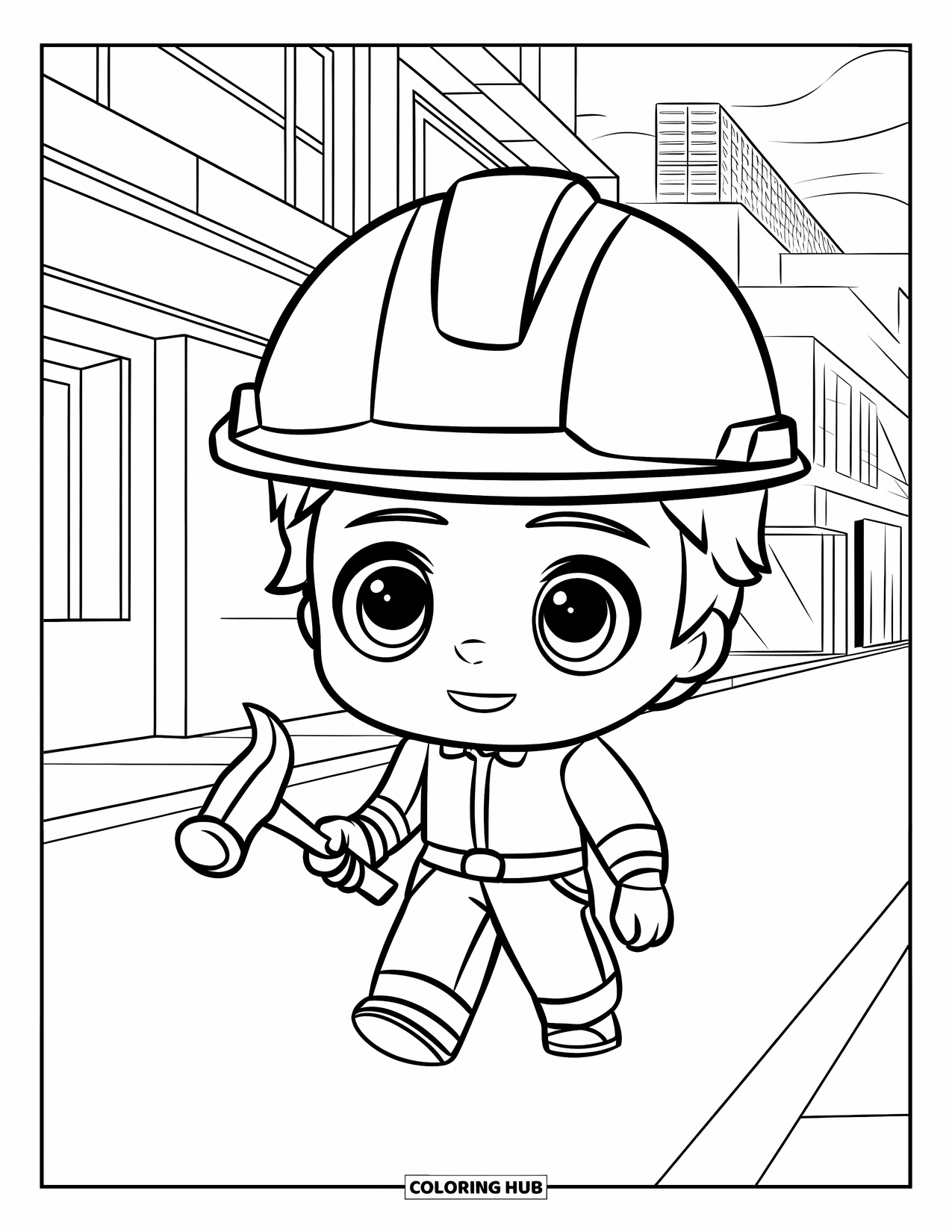 Labor Day Coloring Page for Kids: A cheerful engineer with a big helmet walking along a road