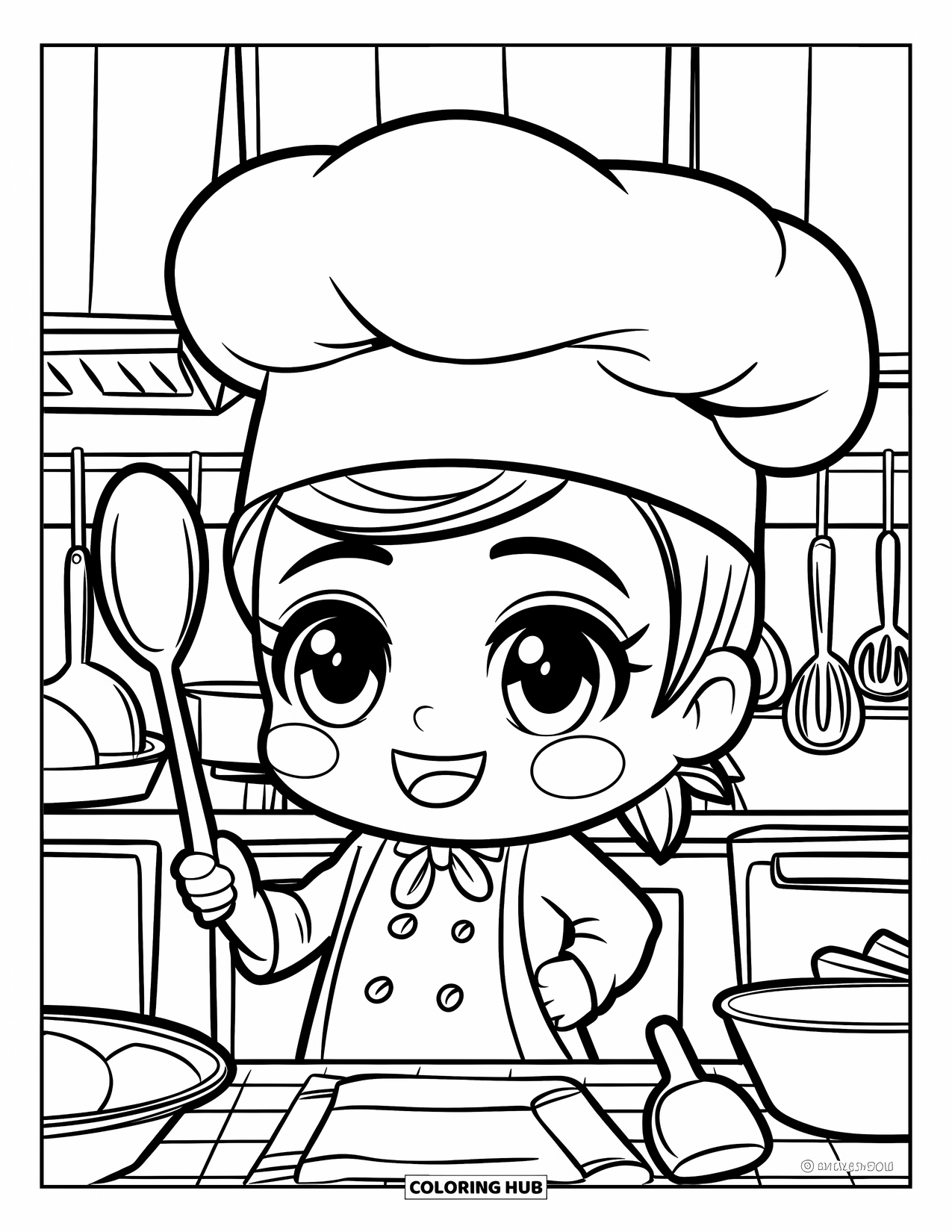 Labor Day Coloring Page for Kids: A chef with a giant hat holding a spoon in a kitchen