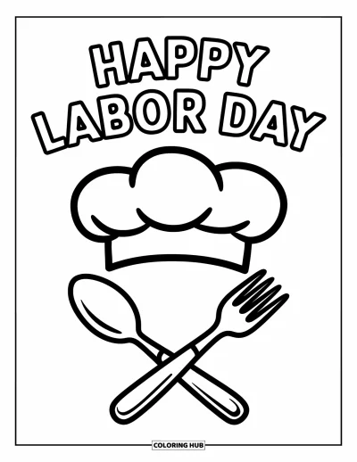 Tegning til arbejdernes dag til børn: En kokkehue med gaffel, ske og de tydelige ord "Happy Labor Day"