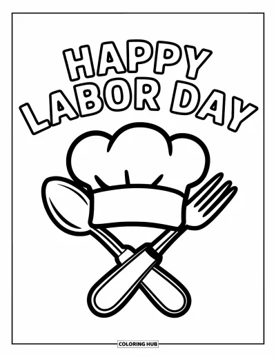 Tegning til arbejdernes dag til børn: En kokkehue med en ske og gaffel krydset og "Happy Labor Day"