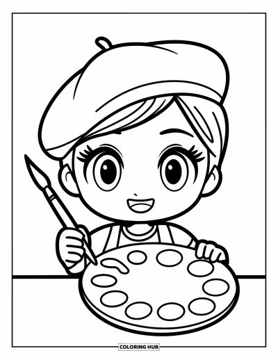 Tegning til arbejdernes dag til børn: En chibi-kunstner med beret der glædeligt holder en pensel og palette