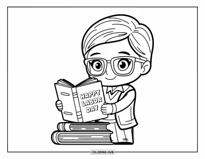 Tegning til arbejdernes dag til børn: En chibi-bibliotekar der holder bøger med "Happy Labor Day" på omslaget