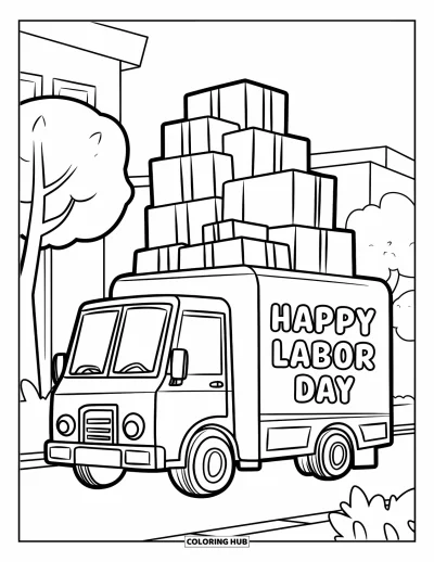 Tegning til arbejdernes dag til børn: En varebil parkeret på vejen med "Happy Labor Day"