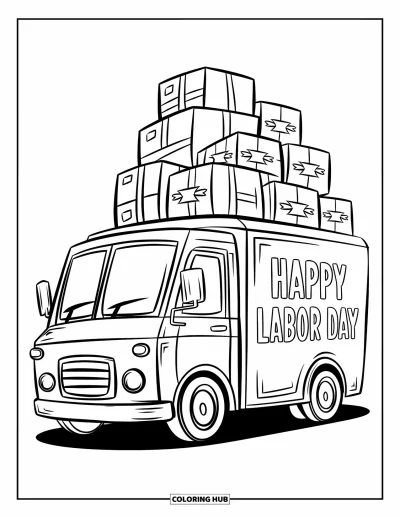 Tegning til arbejdernes dag til børn: En varebil stablet med pakker og "Happy Labor Day"