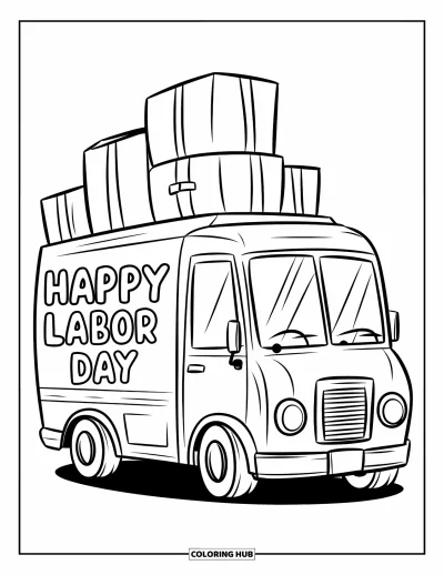 Tegning til arbejdernes dag til børn: En varebil med høje pakker og teksten "Happy Labor Day"