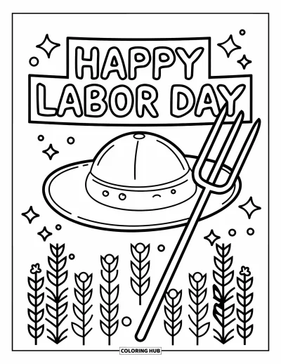 Tegning til arbejdernes dag til børn: En bondehat med høtyv og et banner med "Happy Labor Day"