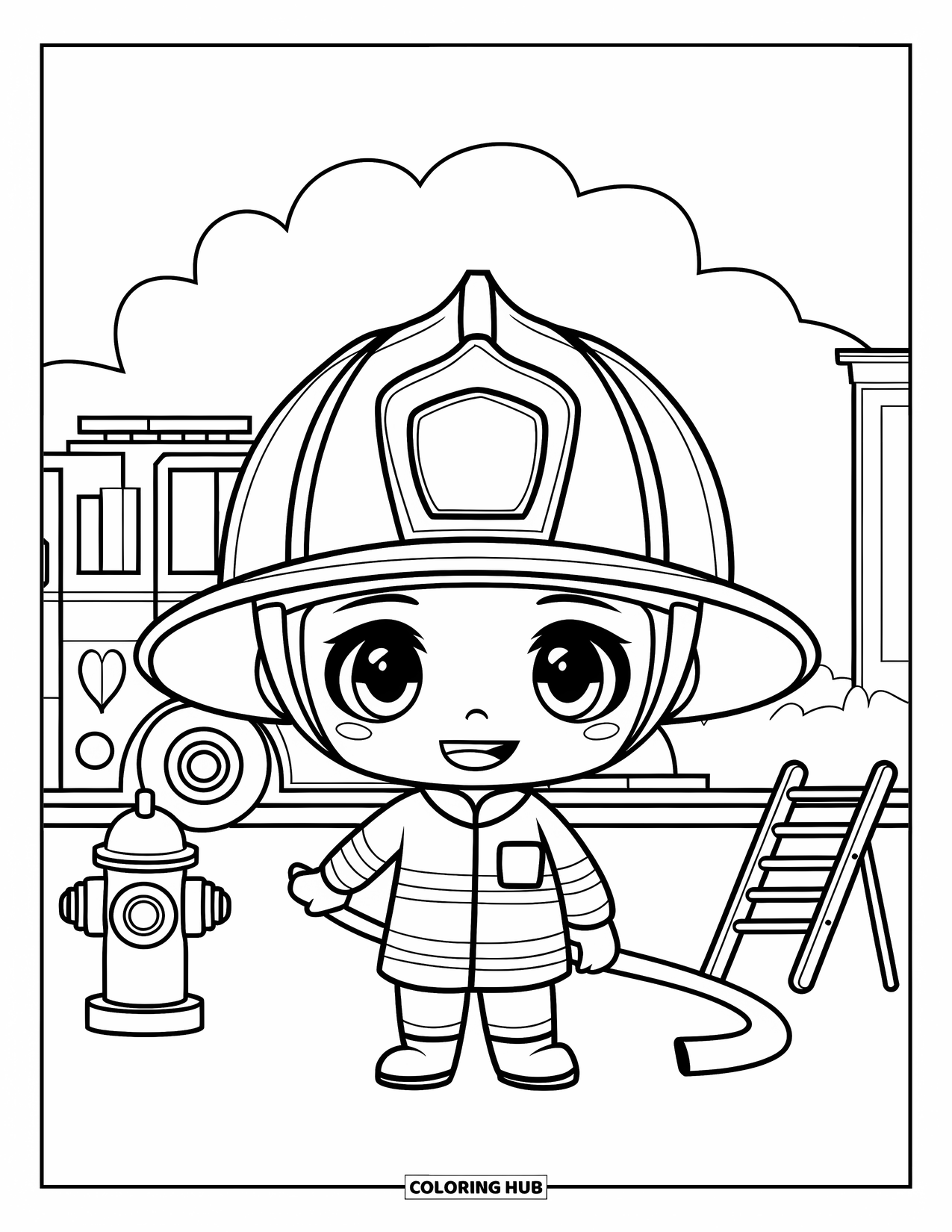 Labor Day Coloring Page for Kids: A firefighter with a helmet holding a hose near a firetruck and hydrant