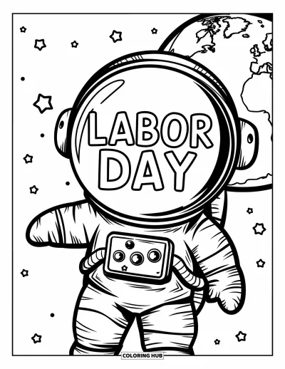Tegning til arbejdernes dag til børn: En svævende astronaut med jordens spejling og "Labor Day" på viseret