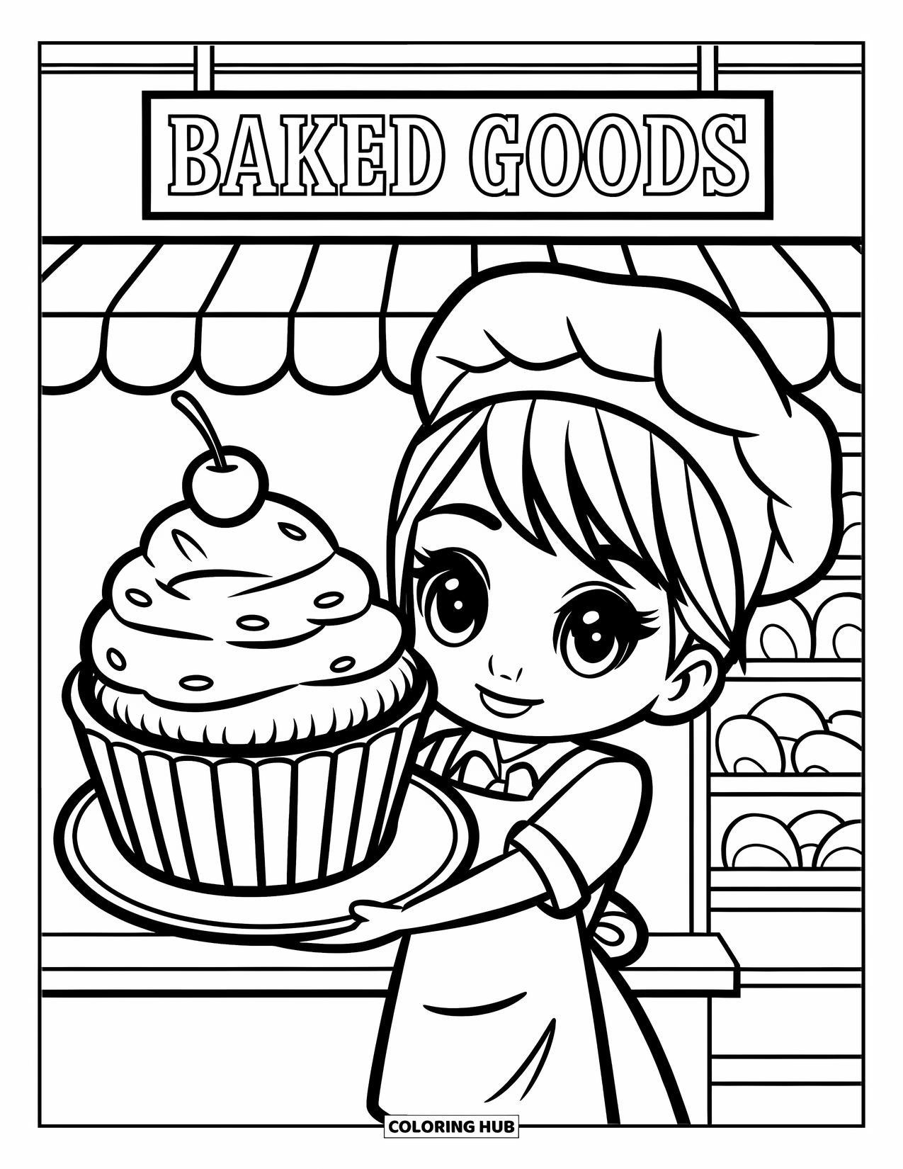 Labor Day Coloring Page for Kids: A happy baker with cupcake topped with a cherry in a bakery