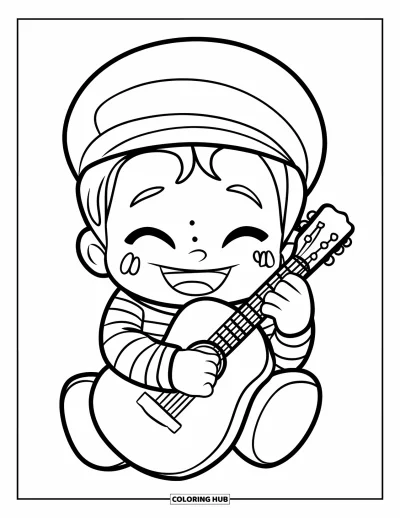 Tegning til arbejdernes dag til børn: En glad musiker i stribet skjorte der krammer en lille guitar med hat
