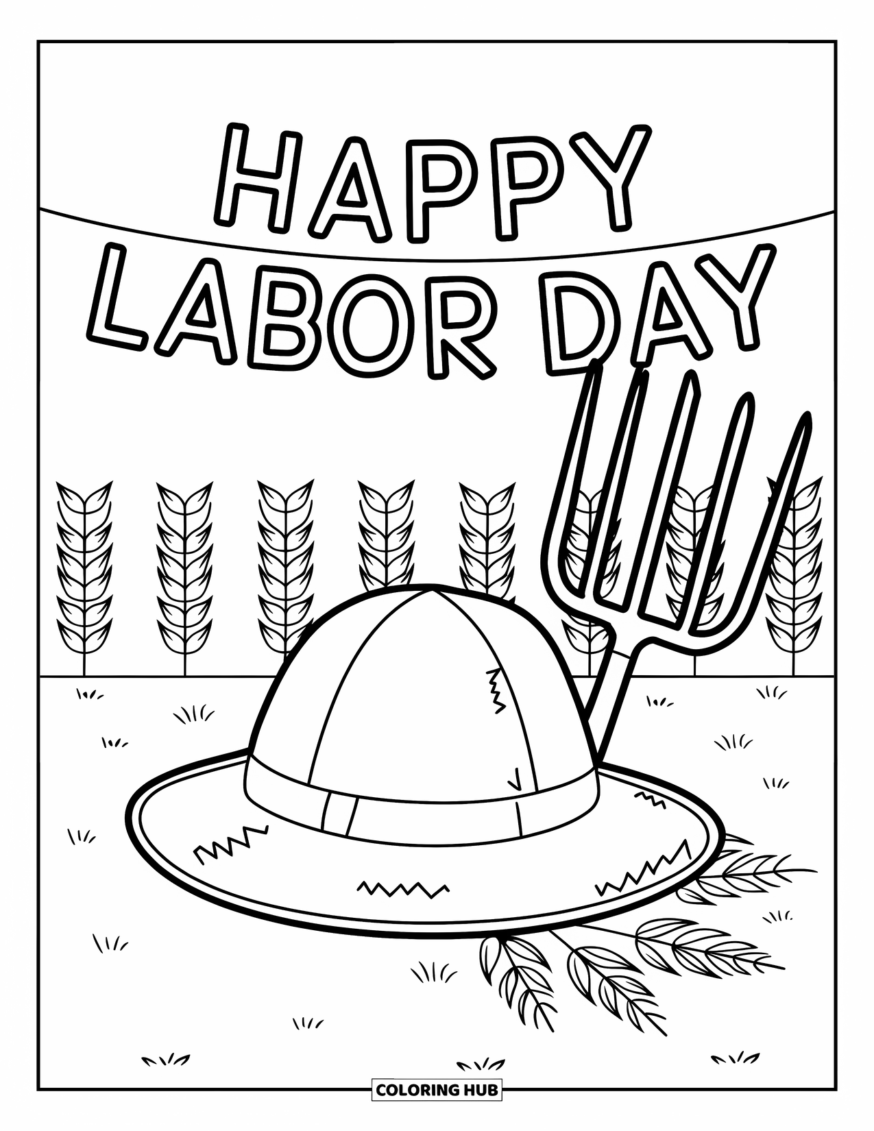 Labor Day Coloring Page for Kids: A hat and pitchfork by crops under "Happy Labor Day" banner