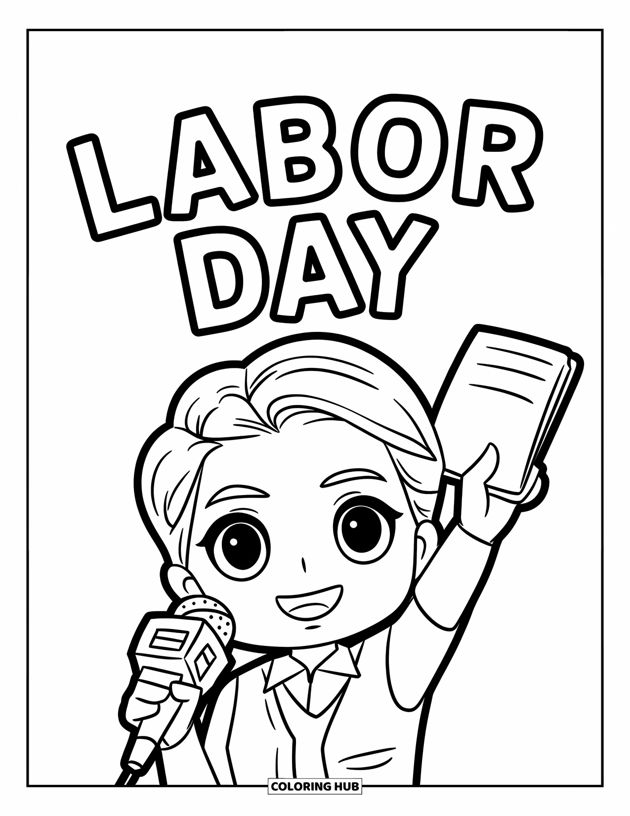Labor Day Coloring Page for Kids: A journalist with microphone and notepad under bold "Labor Day"