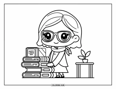 Tegning til arbejdernes dag til børn: En bibliotekar med briller og tørklæde der holder bøger mærket "Happy Labor Day"