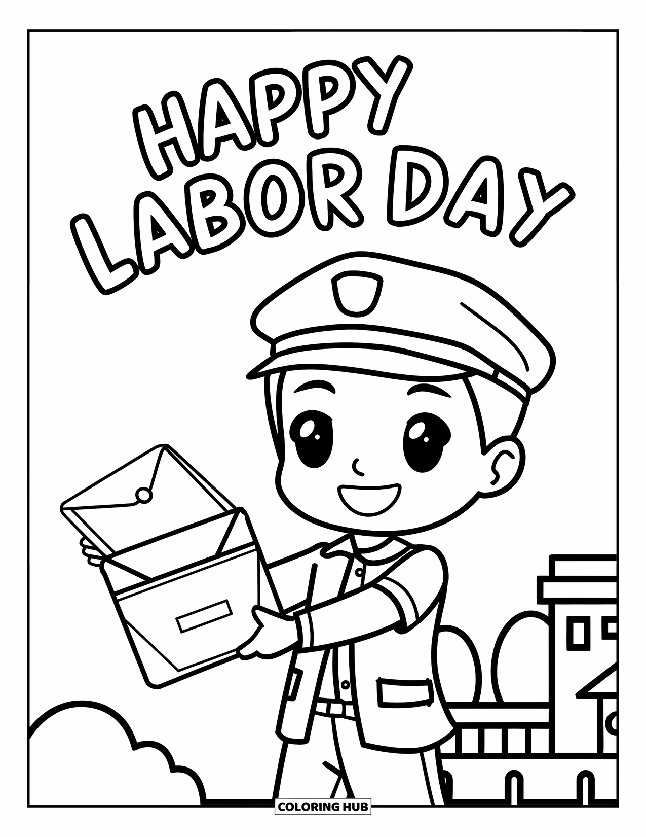 Labor Day Coloring Page for Kids: A mail carrier smiling with bag and "Happy Labor Day" text