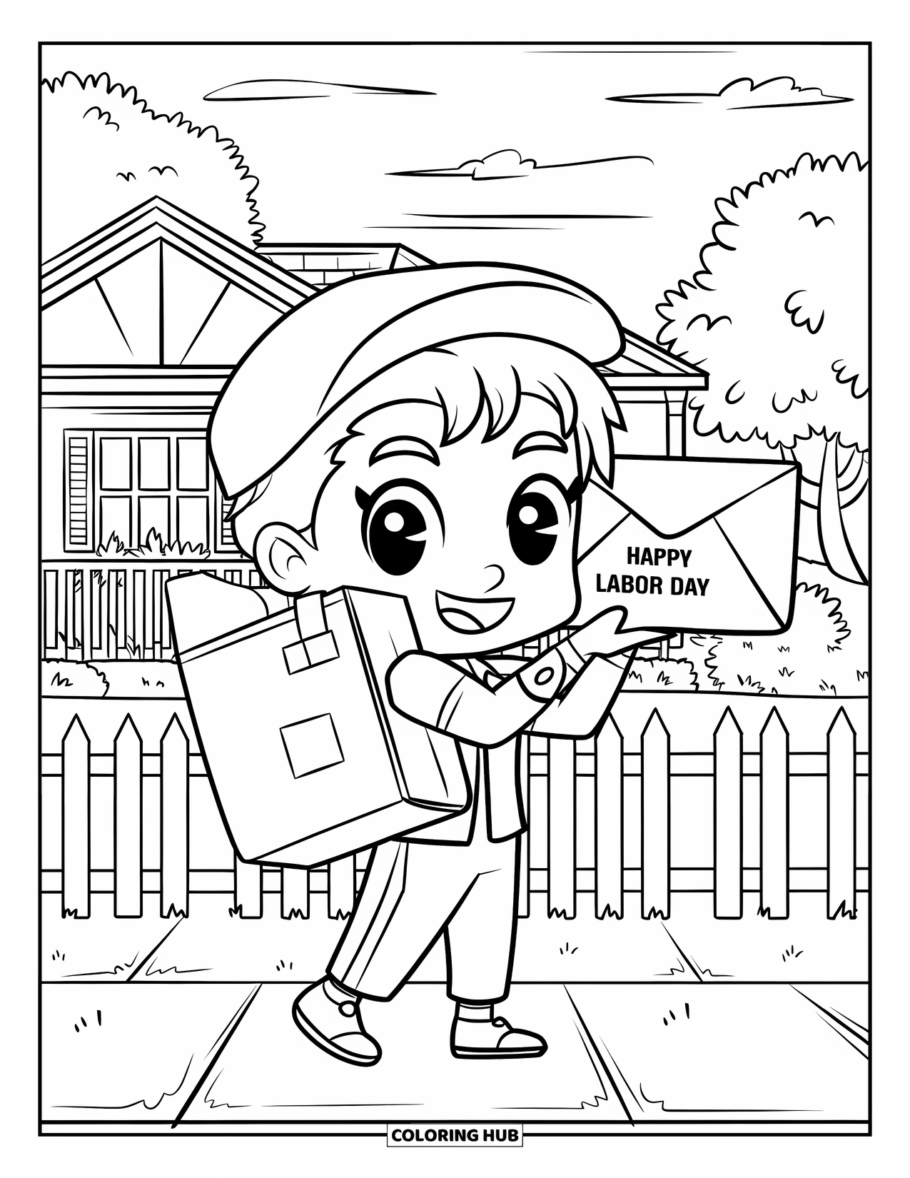 Labor Day Coloring Page for Kids: A mail carrier with large envelope marked "Happy Labor Day"