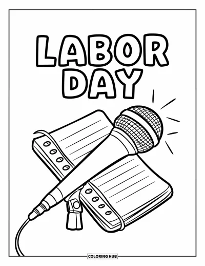 Tegning til arbejdernes dag til børn: En mikrofon og en notesbog krydset med "Labor Day" skrevet ovenfor