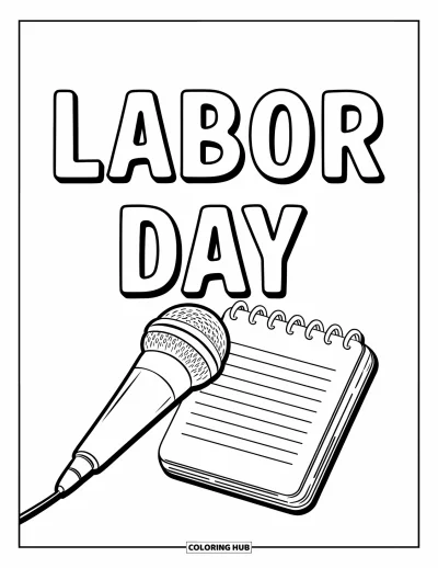 Tegning til arbejdernes dag til børn: En mikrofon og notesbog med de tydelige ord "Labor Day" ovenfor