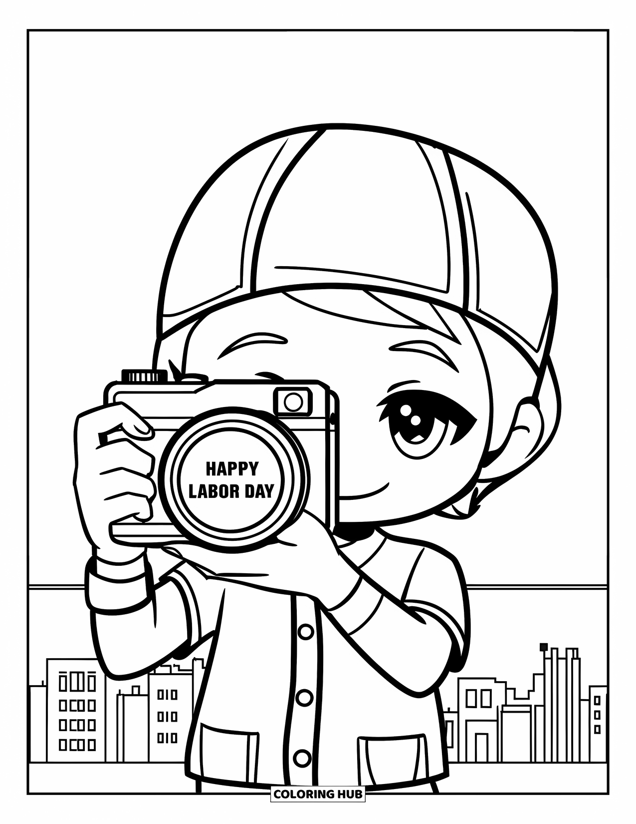 Labor Day Coloring Page for Kids: A photographer taking a picture with "Happy Labor Day" on lens