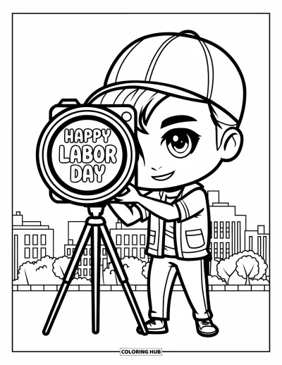 Tegning til arbejdernes dag til børn: En fotograf med stativkamera mærket "Happy Labor Day"