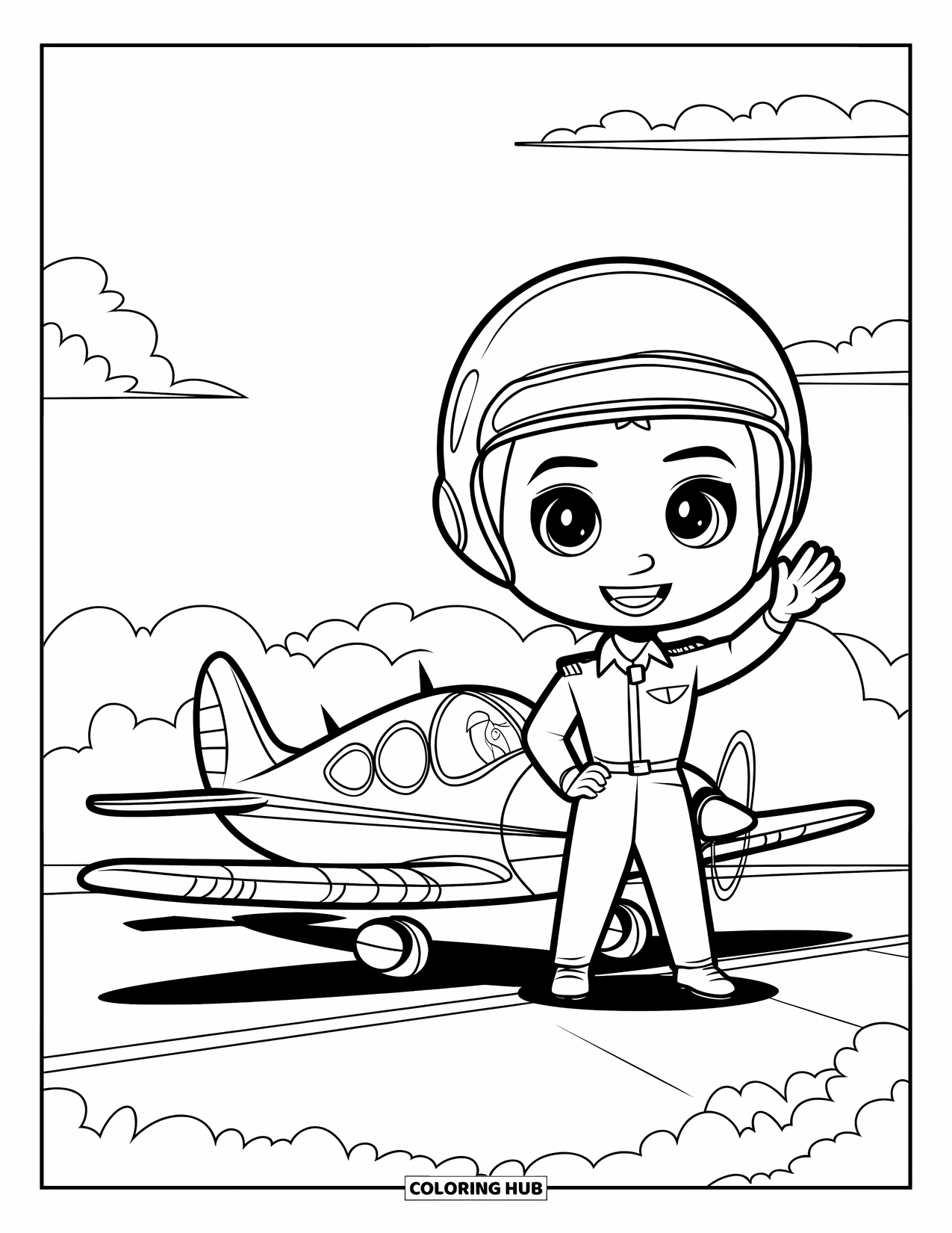 Labor Day Coloring Page for Kids: A pilot waving beside a little airplane on a runway