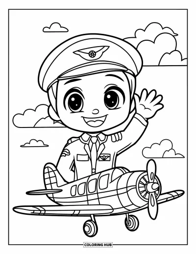 Tegning til arbejdernes dag til børn: En pilot der vinker ved siden af et lille fly med skyer på himlen