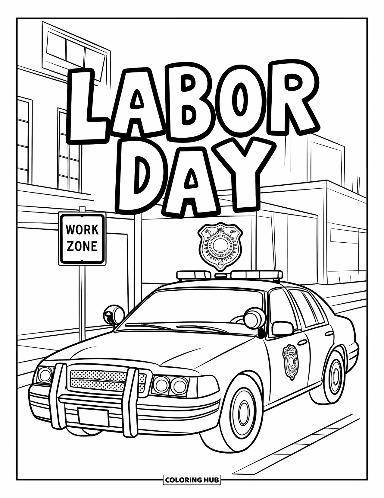 Labor Day Coloring Page for Kids: A police car on the street with badge and "Labor Day"