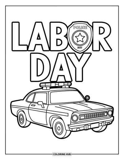 Tegning til arbejdernes dag til børn: En politibil under et emblem med de tydelige ord "Labor Day"