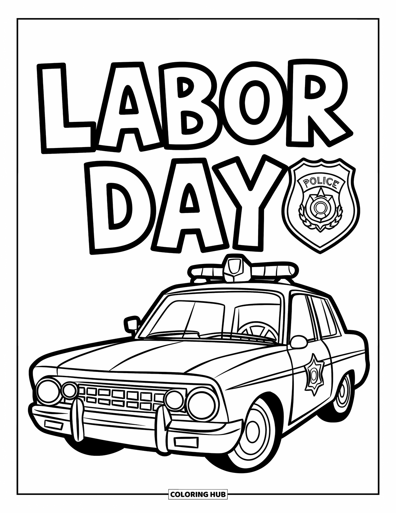 Labor Day Coloring Page for Kids: A police car with badge symbol and bold "Labor Day"