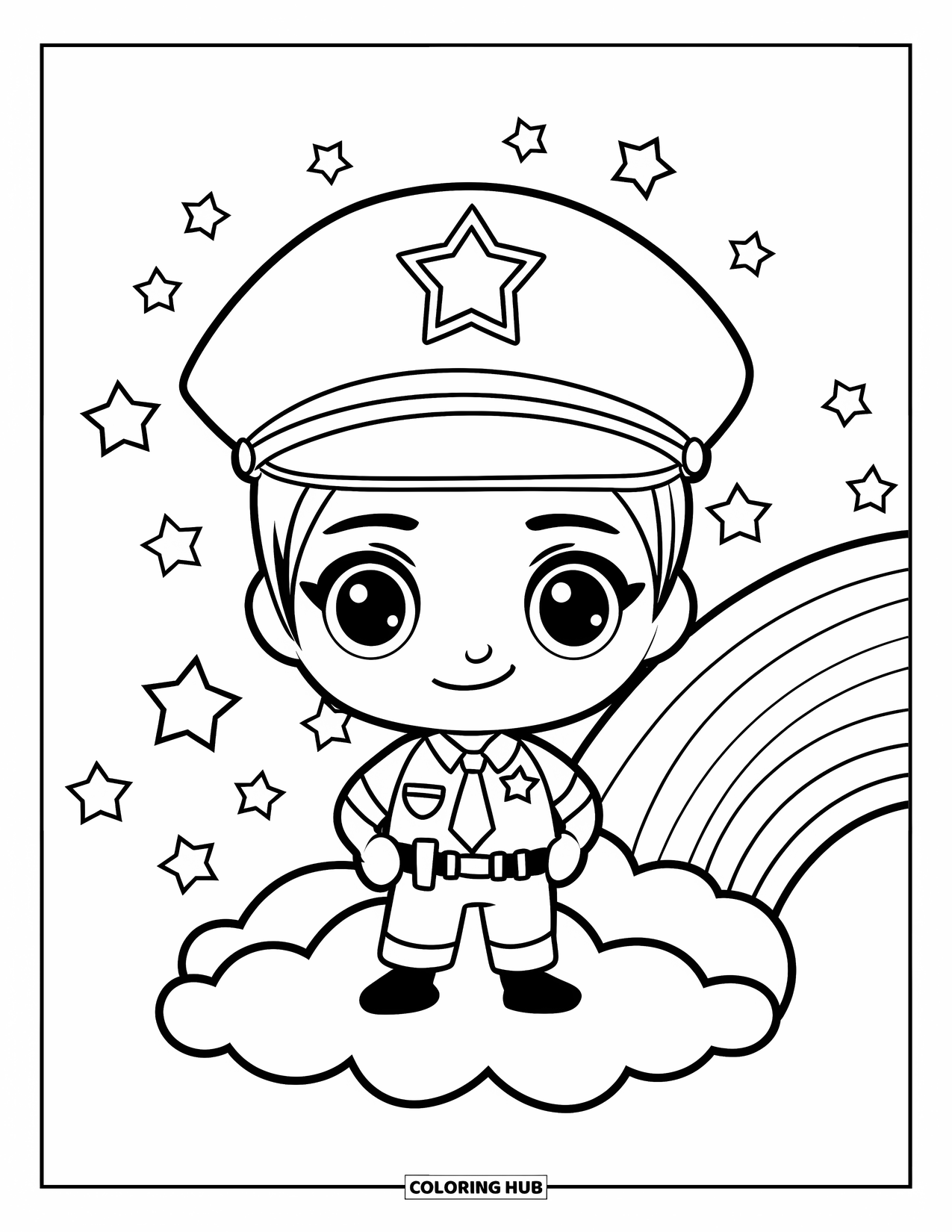 Labor Day Coloring Page for Kids: A police officer on a cloud with rainbow and shining stars