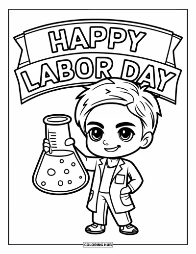 Tegning til arbejdernes dag til børn: En forsker der holder et bægerglas under et "Happy Labor Day"-banner