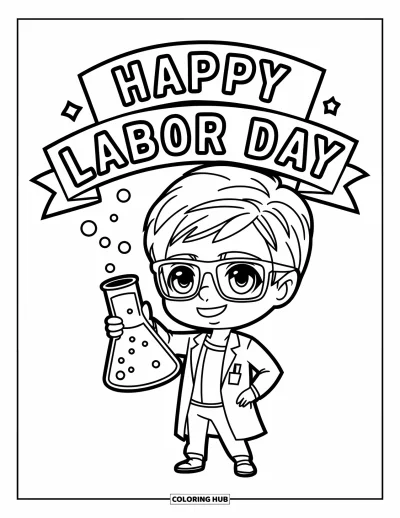 Tegning til arbejdernes dag til børn: En forsker med briller der holder et bægerglas under "Happy Labor Day"