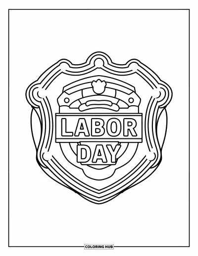 Tegning til arbejdernes dag til børn: Et skjoldbadge indrammet i en cirkel med teksten "Labor Day"