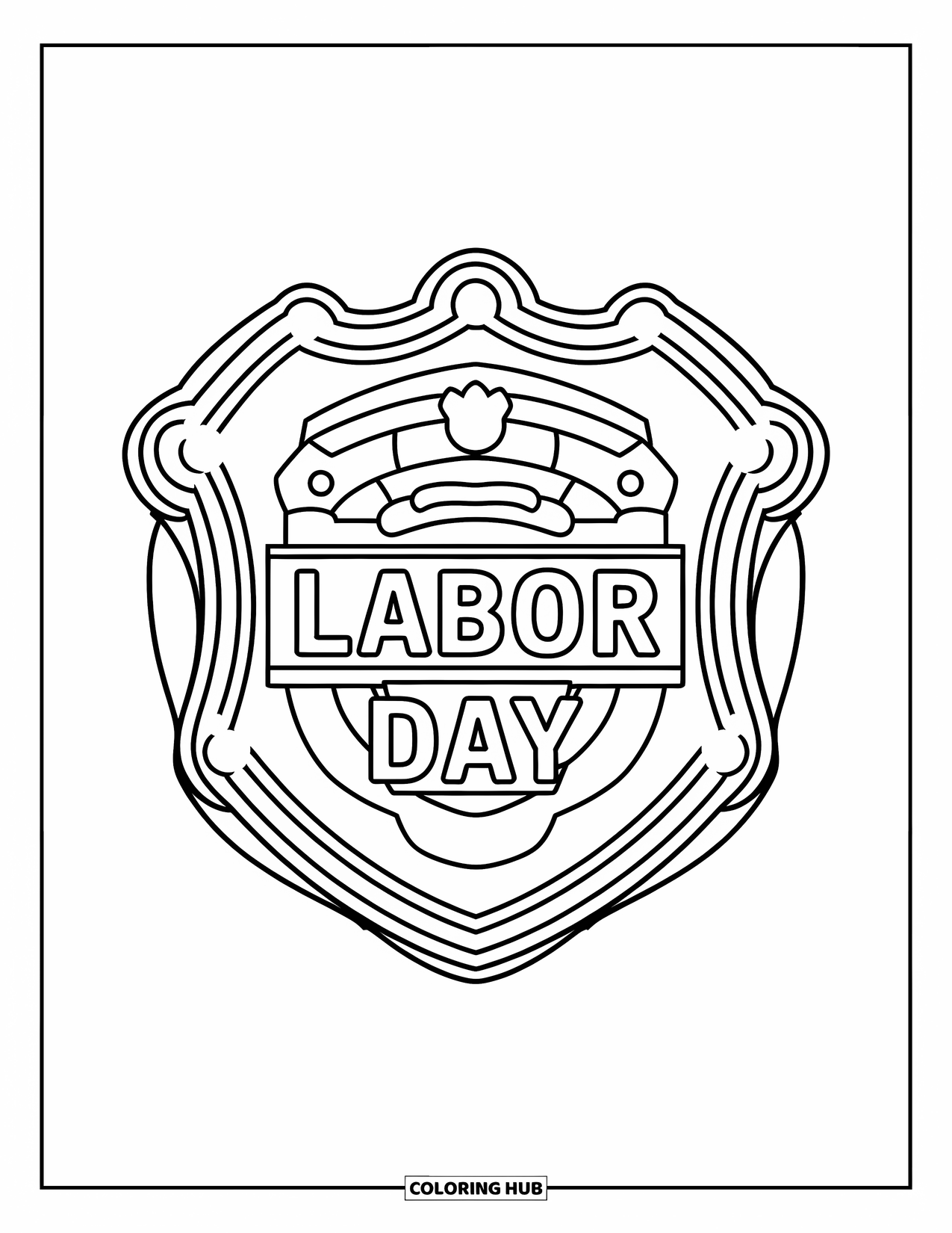 Labor Day Coloring Page for Kids: A shield badge framed in a circle with "Labor Day" text