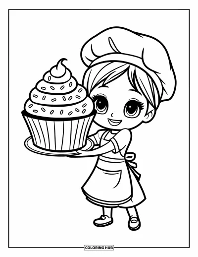 Tegning til arbejdernes dag til børn: En smilende bager der holder en kæmpe glaseret cupcake på en tallerken
