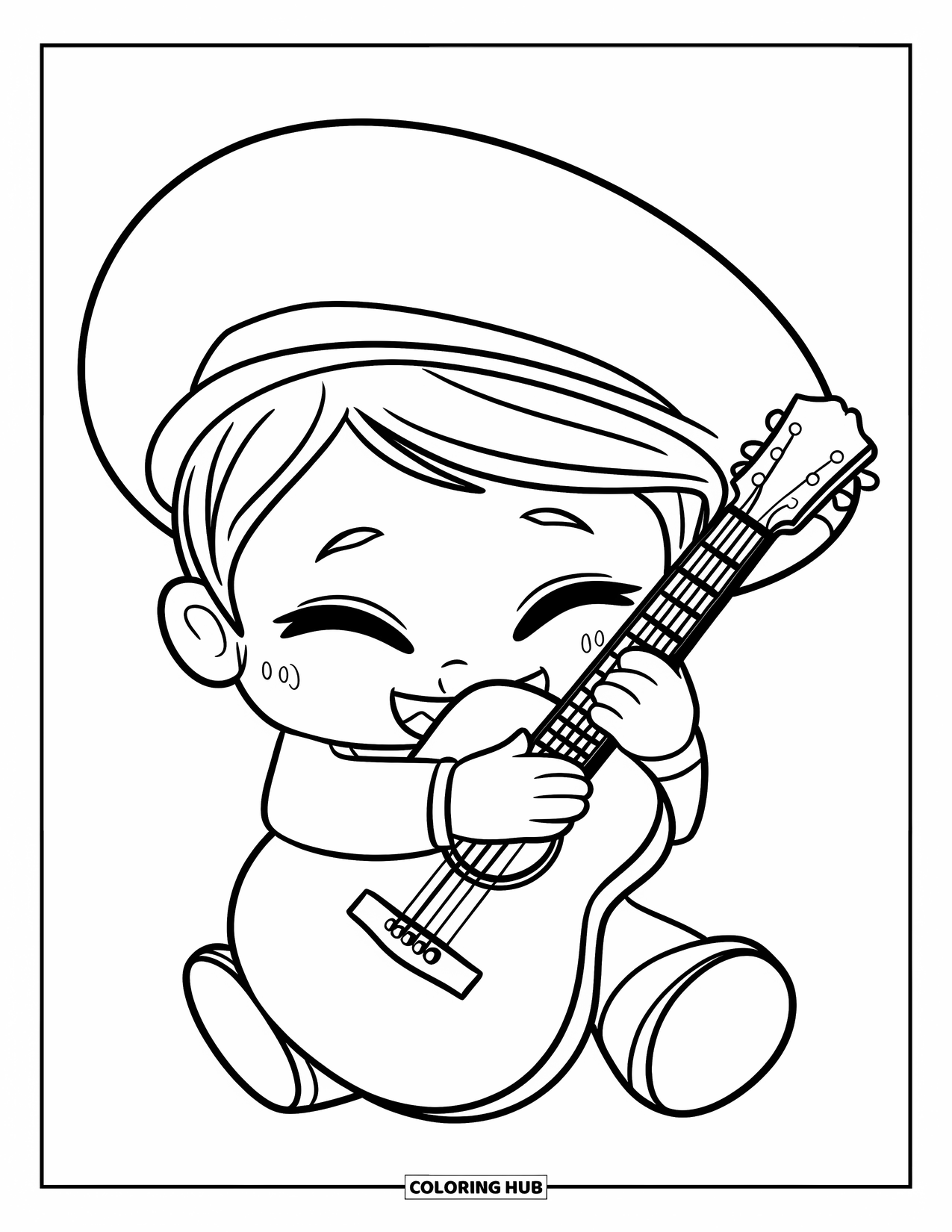 Labor Day Coloring Page for Kids: A smiling chibi musician hugging a small guitar while wearing a hat
