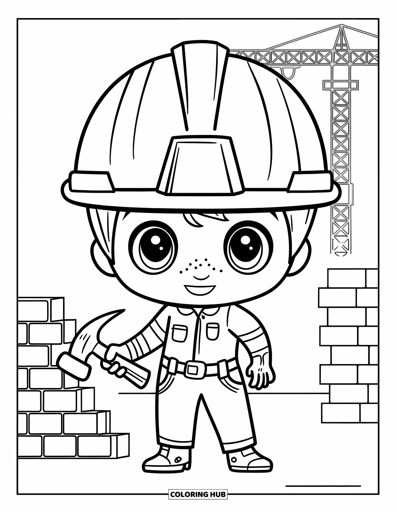 Labor Day Coloring Page for Kids: A smiling engineer with a big helmet on a busy construction site