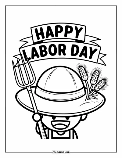 Tegning til arbejdernes dag til børn: En smilende bonde der holder sin hat under et "Happy Labor Day"-banner
