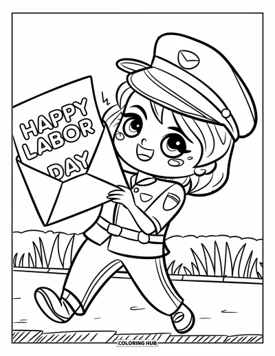 Tegning til arbejdernes dag til børn: Et smilende postbud der holder en konvolut mærket "Happy Labor Day"