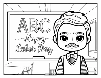 Tegning til arbejdernes dag til børn: En lærer med en tavle der viser "ABC" og "Happy Labor Day"
