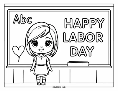 Tegning til arbejdernes dag til børn: En lærer med kort hår ved en tavle med "Happy Labor Day"