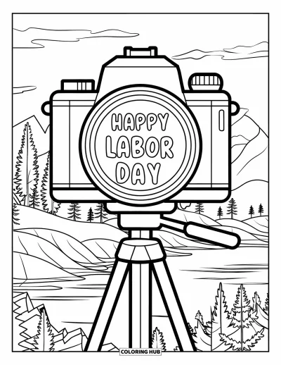 Tegning til arbejdernes dag til børn: Et stativkamera der vender mod bjerge med "Happy Labor Day" på objektivet