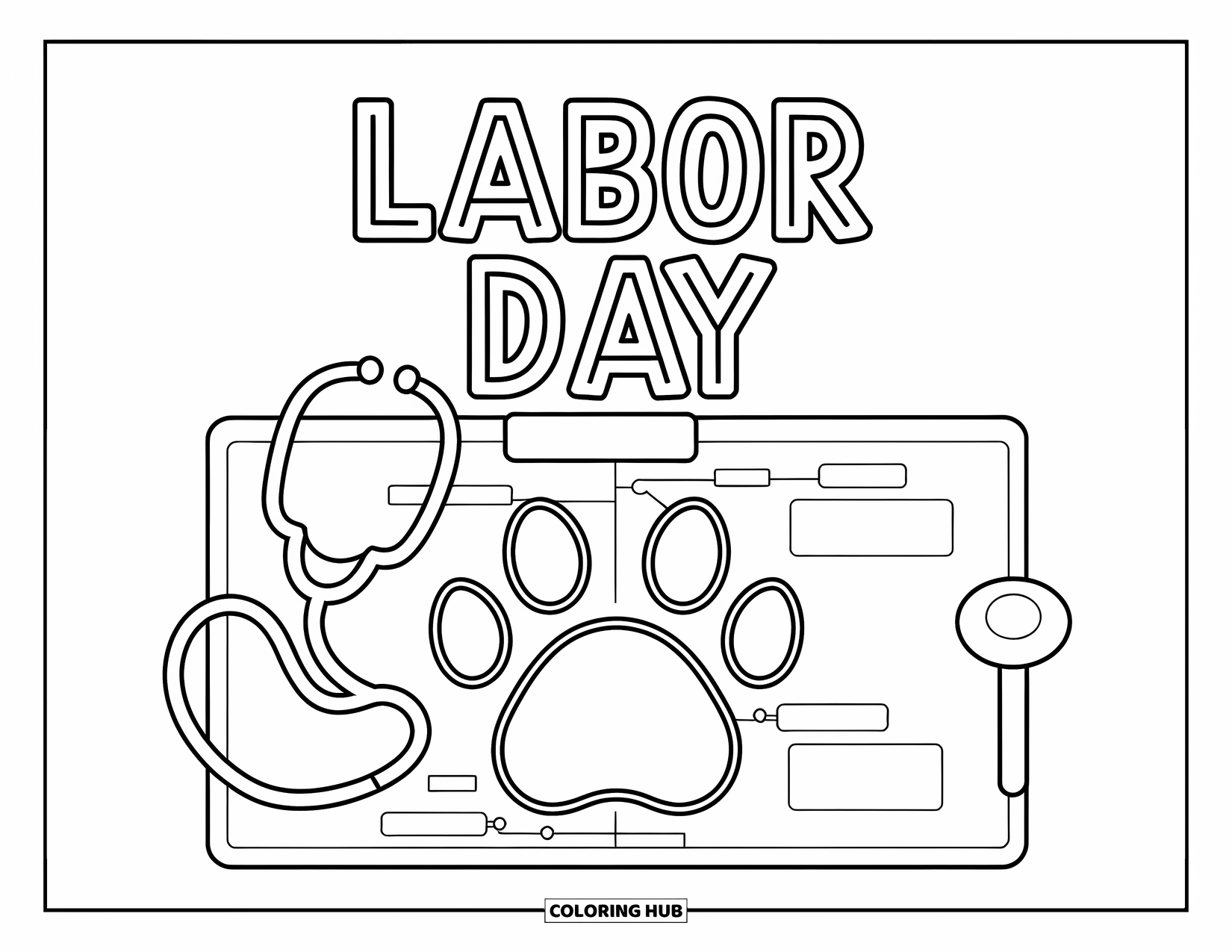 Labor Day Coloring Page for Kids: A veterinarian chart with stethoscope and bold "Labor Day" words