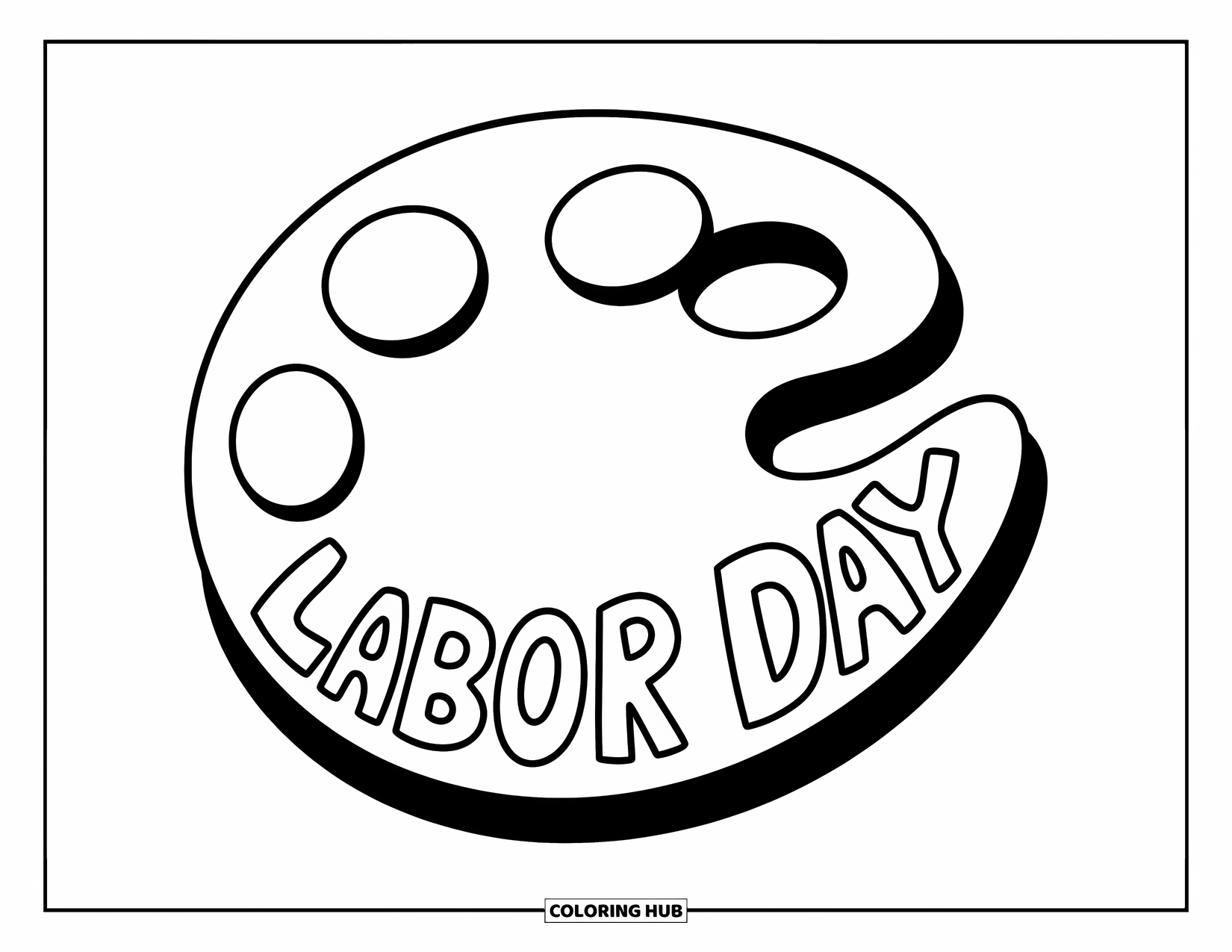 Labor Day Coloring Page for Kids: An artist's palette with bold circles and "Labor Day" text