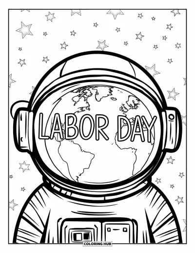Tegning til arbejdernes dag til børn: En astronauthjælm med jordens spejling og "Labor Day" på viseret