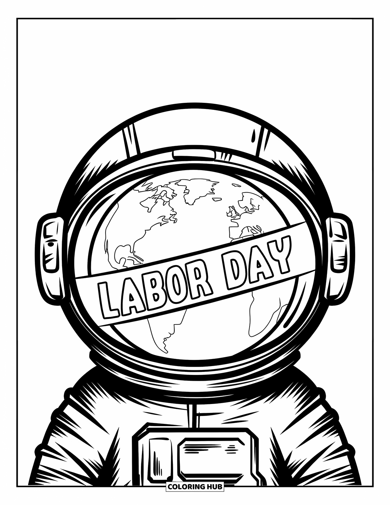 Labor Day Coloring Page for Kids: An astronaut helmet with Earth reflection and "Labor Day" on visor