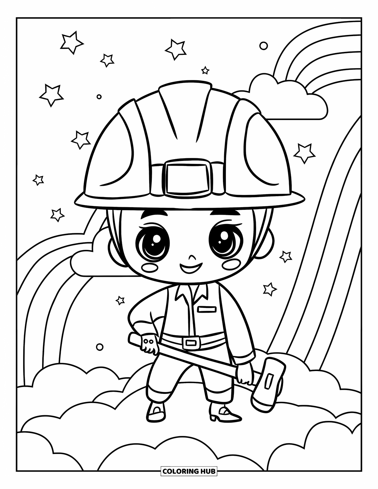 Labor Day Coloring Page for Kids: An engineer on a cloud with a large helmet and small hammer