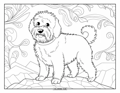 Desen de colorat cu Labradoodle pentru adulți: Labradoodle pufos pe teren stâncos cu fundal botanic în spirală