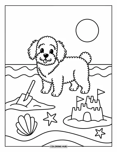 Desen de colorat cu Labradoodle pentru adulți: Labradoodle lângă un castel de nisip cu scoici și stele de mare în prim-plan