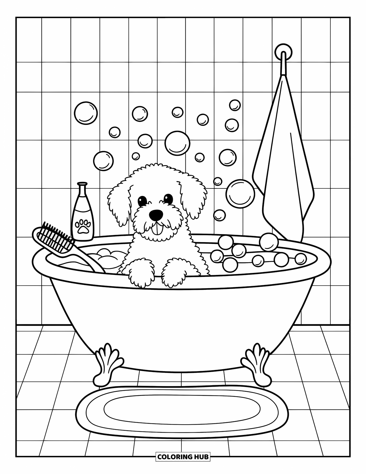Labradoodle Coloring Page for Adults: Labradoodle in a tub with bubbles, towel, and floor mat nearby